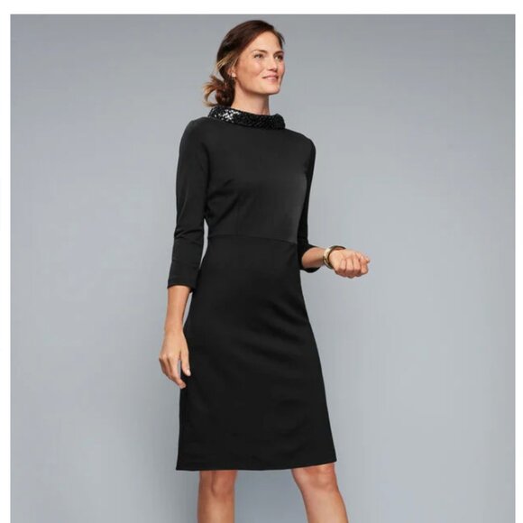 Talbots Black Sequin Detail Mockneck Ponte Knit 3/4 Sleeves Dress Size 8 Petite - Picture 1 of 12